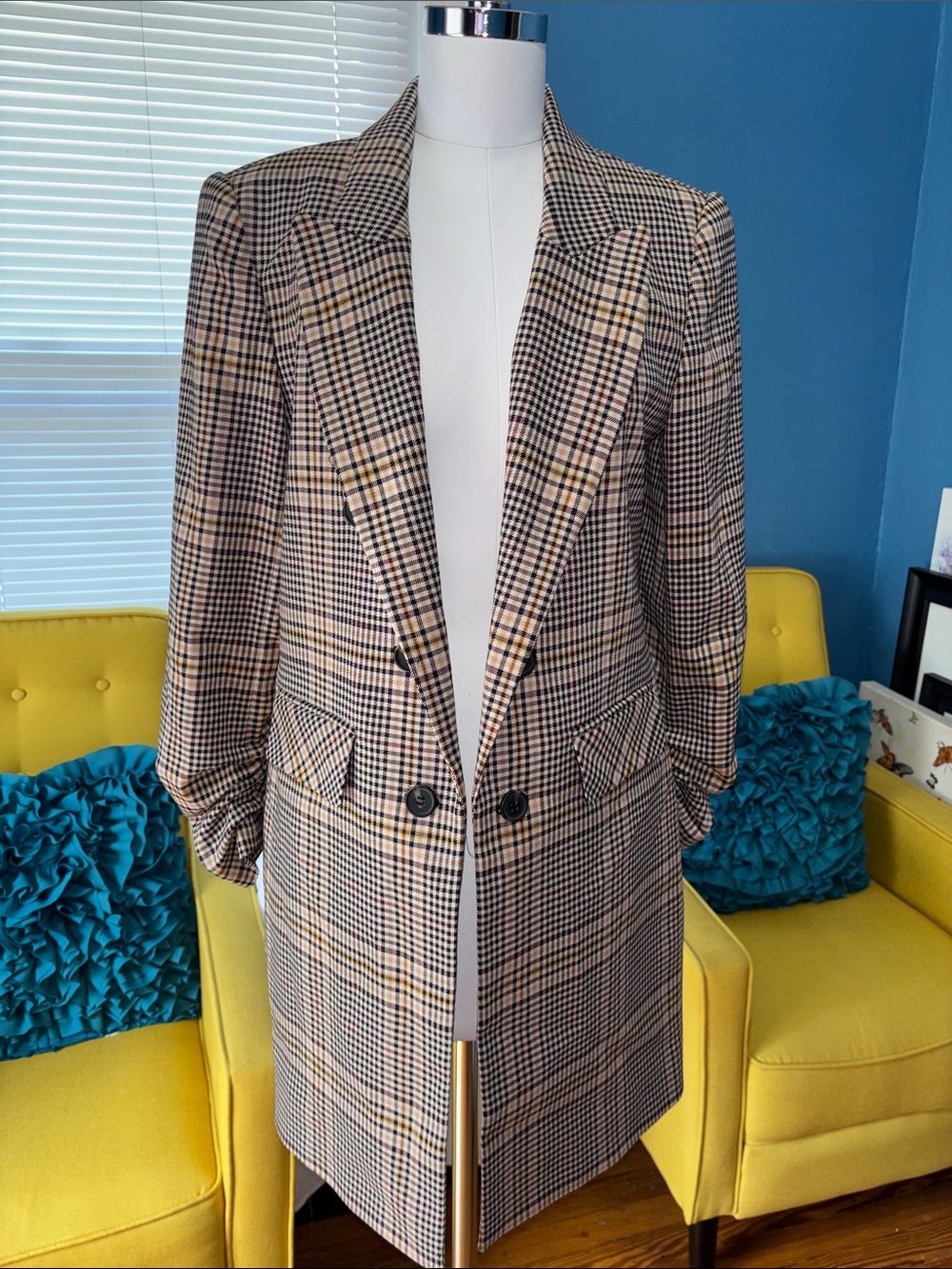 1. State Plaid Long Blazer in Brown and Cream